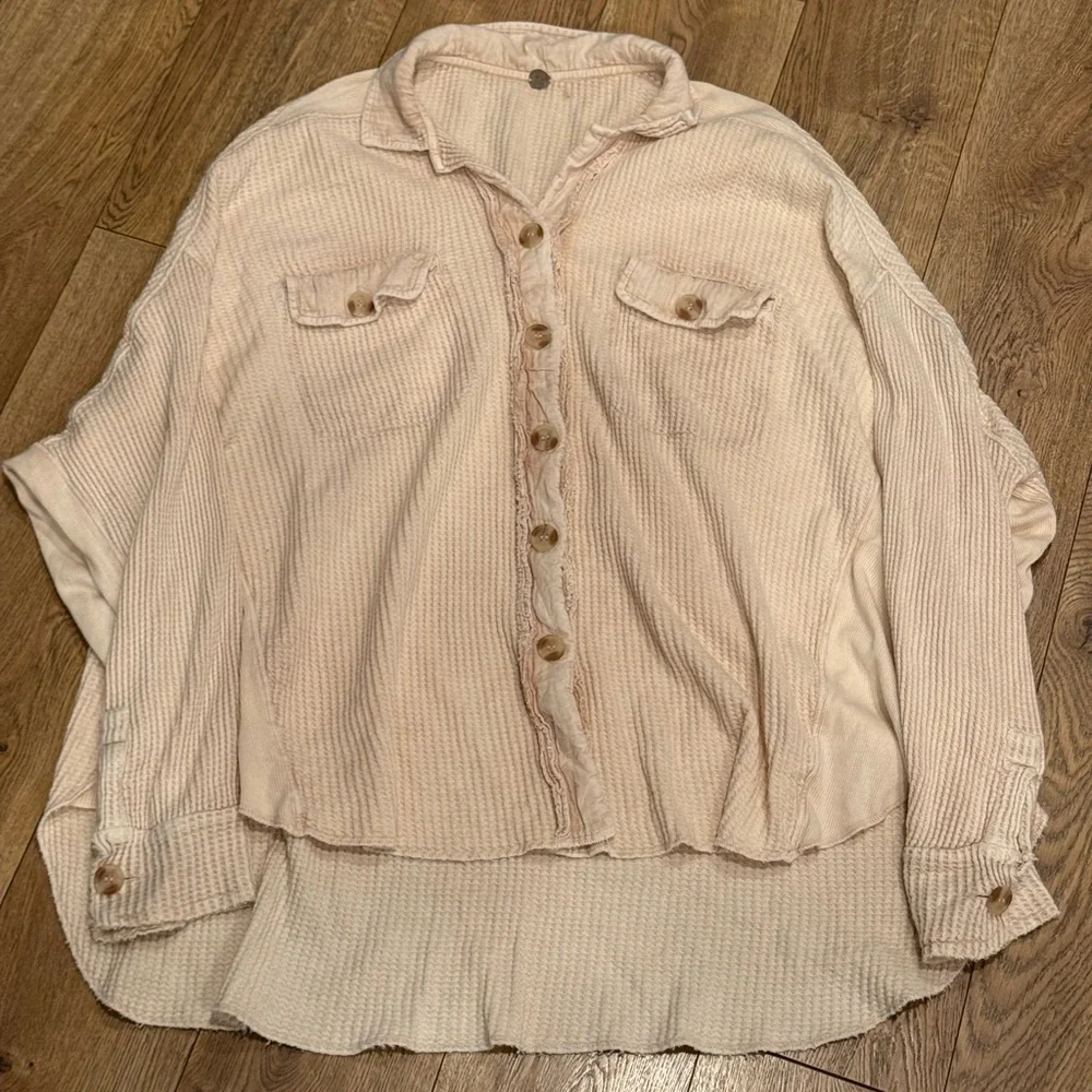 Free People One Scout Jacket Shacket Waffle Thermal Knit Slouchy Nude Sand - Picture 6 of 16